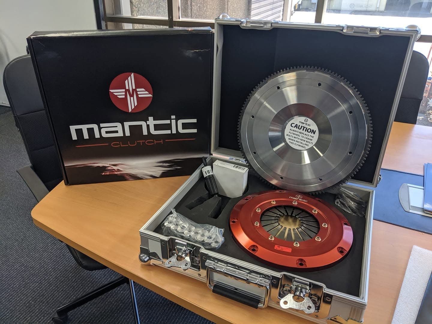 A Mantic performance clutch kit and flywheel ready to be fitted at MRC Dyno